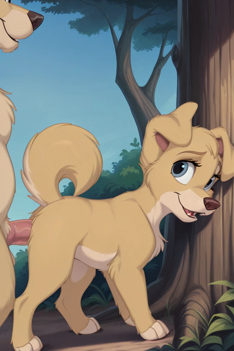 score_8, score_9, jenny, 1 girl, Alone, Brown hair, ponytail in hair, Blue eyes, earrings, standing, on the grass, open smile, back view, spread pussy, bottomless, Ahegao , masturbating, naked, Chibi, squatting, dog having sex with her, oofilia