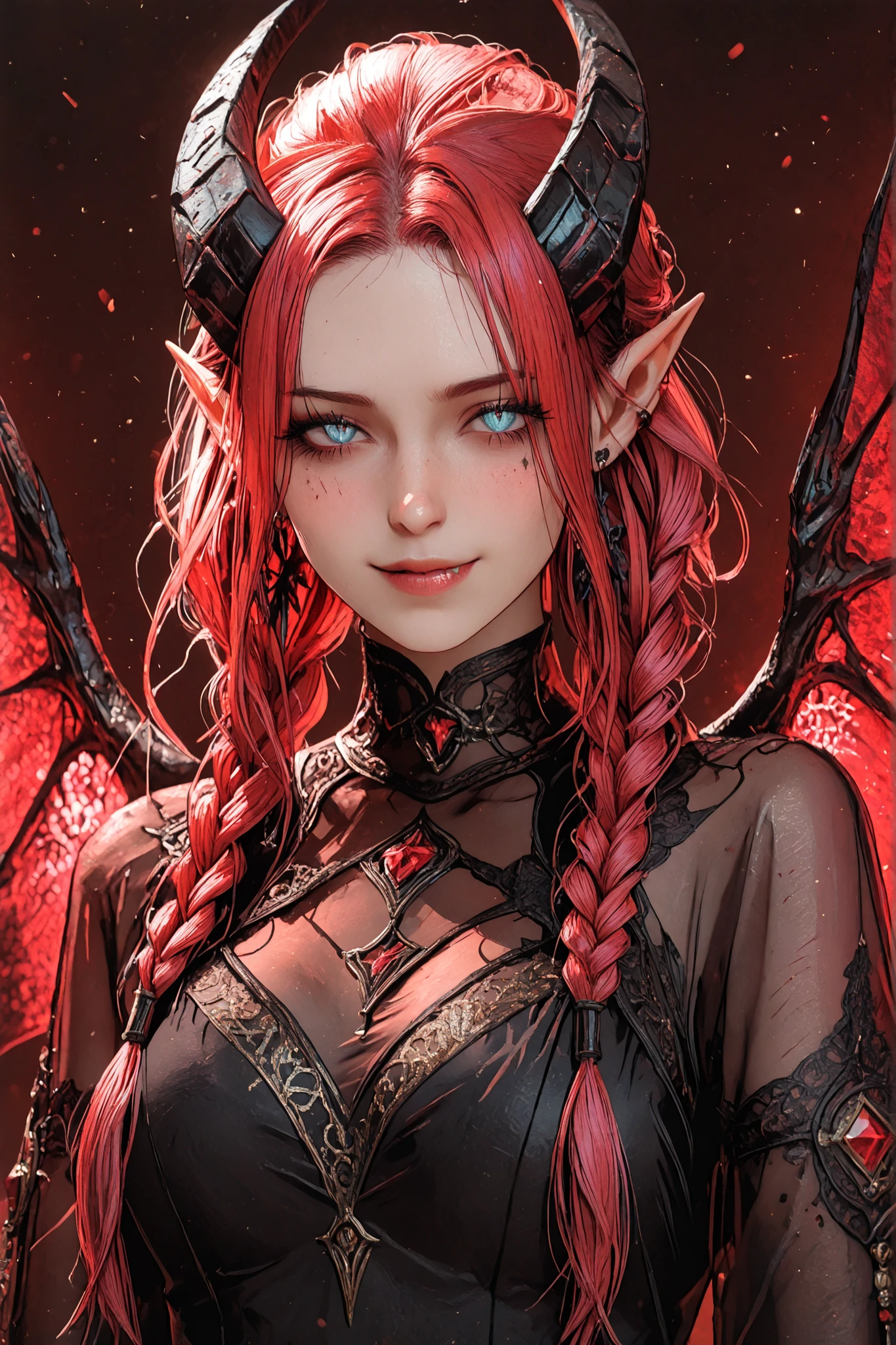 Character Name: Seraphina Valerius (Often referred to as "The Crimson Ice Queen")
Age: 28
half-elf Female
Appearance:
Hair: Long, flowing, red and the color of freshly spilled blood. It cascades down her back, often styled in intricate braids or elaborate updos that showcase its vibrant hue.
Eyes: Piercingly cold, a shade of glacial blue that seems to hold no warmth. They are sharp and observant, constantly assessing and dissecting those around her.
Build: A figure sculpted for power and allure. Seraphina possesses curves that hint at sensuality, yet she carries herself with an athletic grace that speaks of strength and agility. Her movements are deliberate and controlled, each step exuding confidence.
Face: Exquisitely beautiful, with high cheekbones, a sharp jawline, and full lips that often curve into a knowing smirk. Her beauty is both captivating and intimidating, the kind that stops people in their tracks but also makes them wary. She has a small, barely noticeable scar just above her left eyebrow, a memento from a past conflict.
Attire: Seraphina favors dark, elegant clothing. Think tailored gowns in deep reds, blacks, and silvers, often adorned with intricate embroidery or subtle embellishments. She wears jewelry sparingly, but each piece is carefully chosen to enhance her presence and project an image of power. A silver ring shaped like a serpent is her signature accessory, always worn on her right hand.
