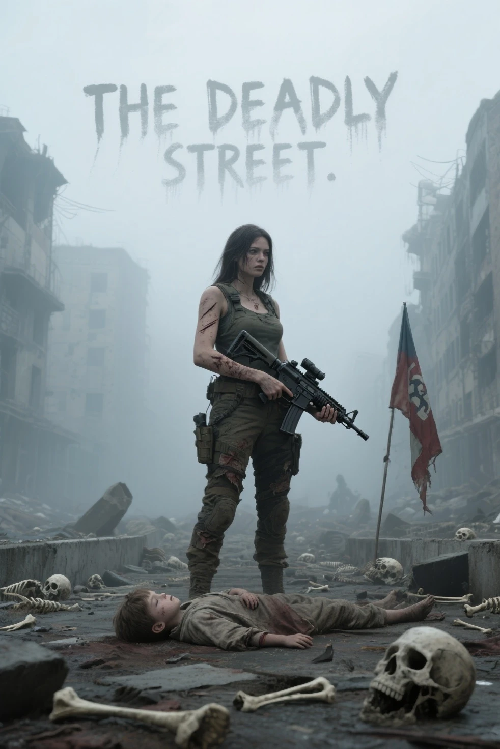a woman, undead zombie, wearing worn torn military uniform, wandering in post-apocalyptic town destroyed by nuclear weapon, mutant creatures, radiation affected, rubble, (best quality,4k,8k,highres,masterpiece:1.2),ultra-detailed,(realistic,photorealistic,photo-realistic:1.37),horror,dystopia,dark fantasy,cinematic lighting,dramatic atmosphere,muted colors