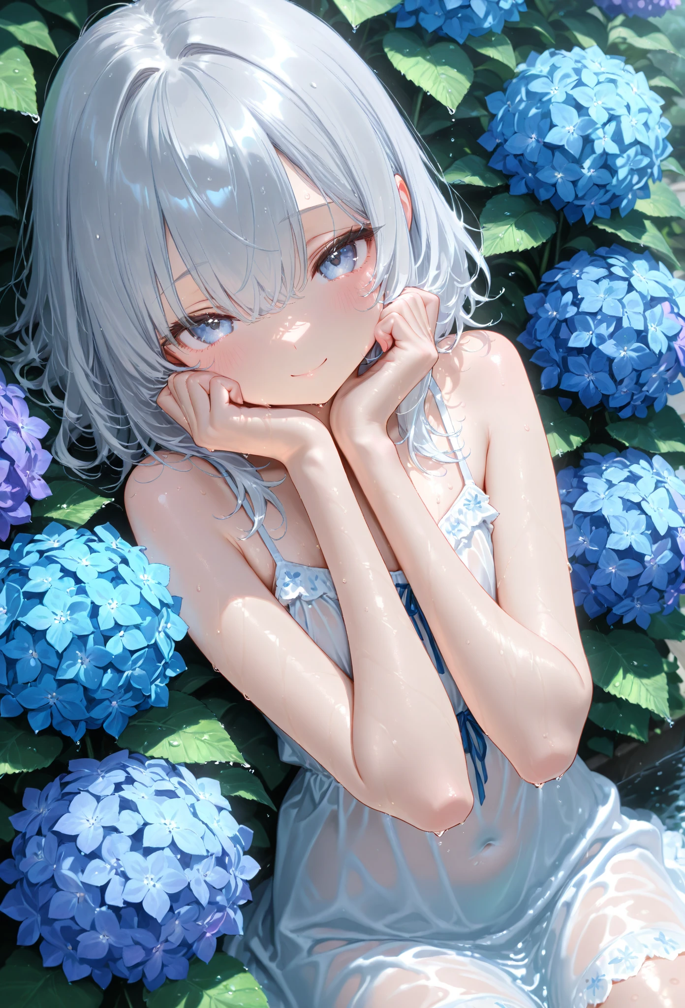 Tabletop,Highest quality,((((Very Short Hair)))),(22 years old),(((She wears a blue flower hair ornament on her head...))),(((Very shy))),(Calm glasses),alone,((Gray Hair)),Blue Eyes,((Very slim body type)),(slightly thicker thighs)