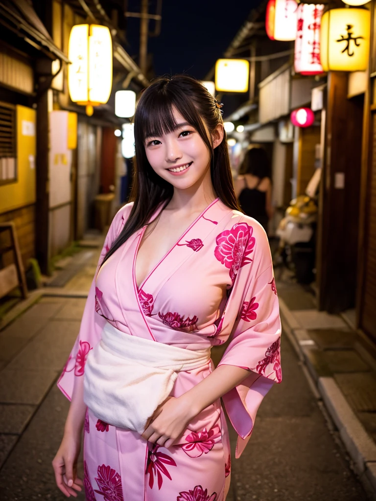 osaka city reference, city street with a river and a bridge at night and cruiser ship at middle of river, japanese city at night, japanese neon signs, japan at night, japanese city, glowing light, Bird eye view: A woman looking at the river、big breasts 、cleavage 、yukata、young woman、Japanese、cute、Laughing with mouth open、Bright expression、Cute yukata outfit、ボートに乗っている、