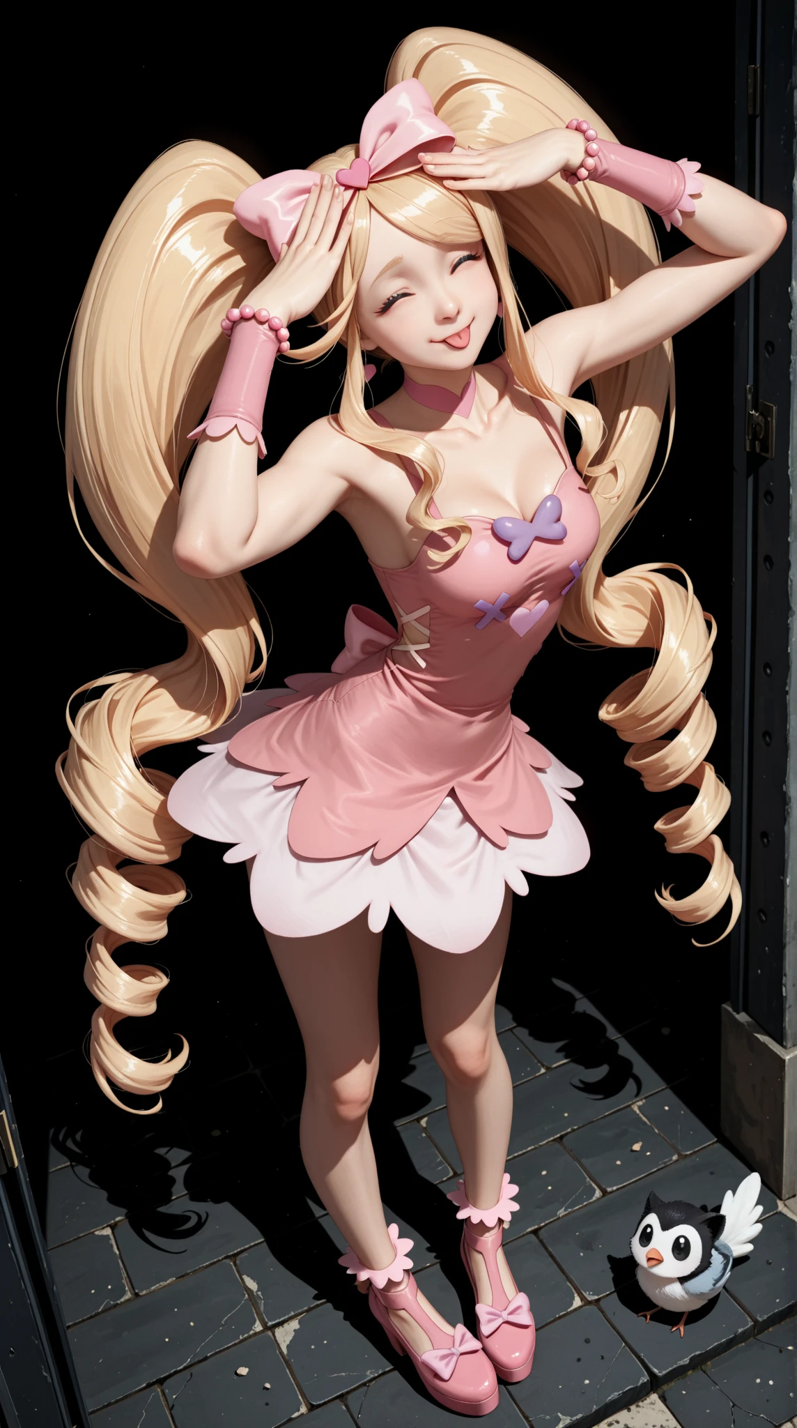 Master Parts, Best Quality, Render Jobs、。.。.3D Styles、。.。.3DMM、。.。.3D, 1girl in, Soio, yellow hair, hitornfreckles, jewely, sideways Facing, Realistic, full length, Clear and simple background, yellow fringe, Dress appearance、looking at away, The long-haired, Separated lips, green colored eyes, gargantilha, makeup, Smiling wearing pink clothes, Beautiful teeth, Yellow shoes、Lace pantie、Beginning々Shishi Body、(life-likeオマンコ)、(((Very realistic panties)))、(((I can see panties)))、(Cameltoe)