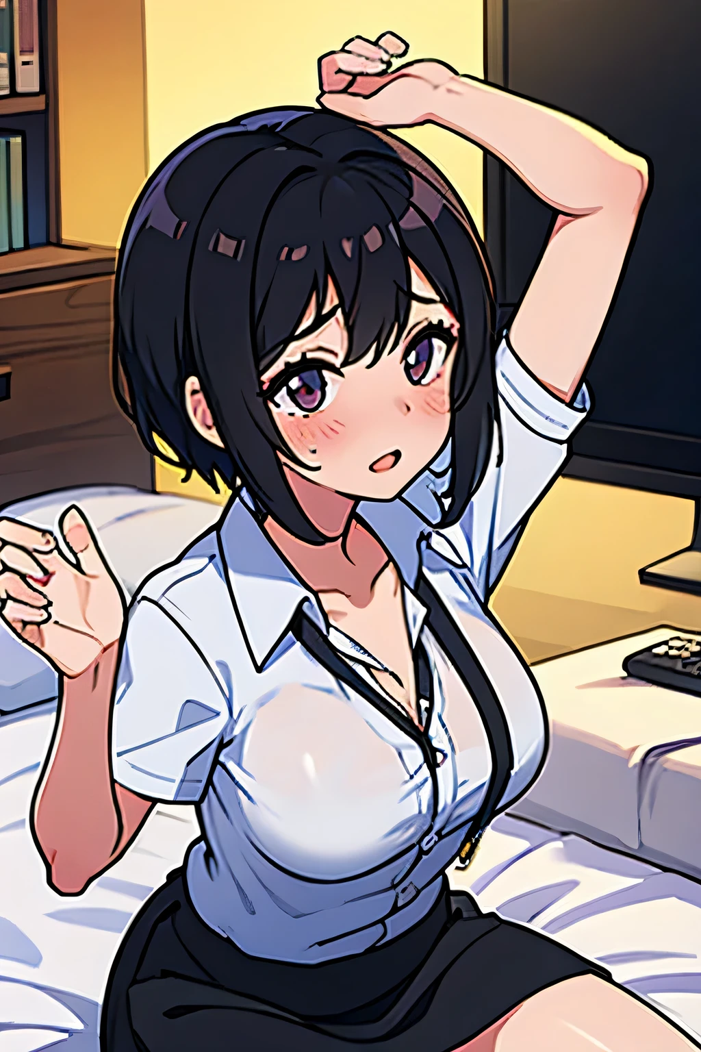 woman、front、Notice、Dissatisfied look、Looking up、Brown Hair、Bobcut、Black Bra、shirt、raise your index finger