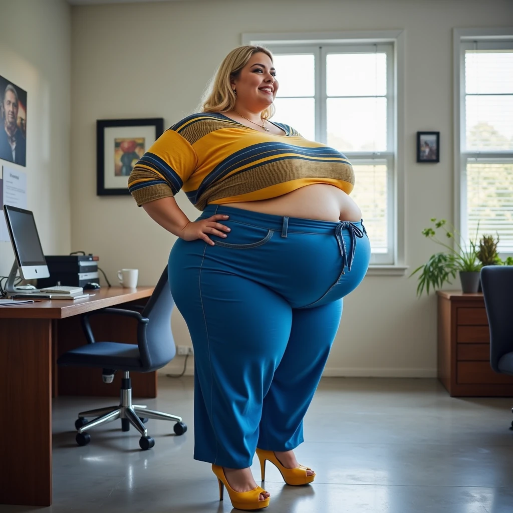 A happy/excited and detailed photo of a Beautiful ginger architect SSBBW, with long wavy ginger hair, with big soft fat belly, thicc fat arms, thicc wide legs, big breast, in long black pants, long black shirt tucked in her pants, black belt, in her new modern wooden-styled architect office holding a pen, architect office with a lot of building models and house blueprints, building blueprints on walls, huge window