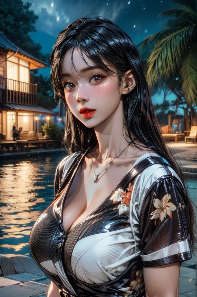 (((NSFW))), born, 1 girl, colorful, (masterpiece, highest quality), cowboy shot, (fine skin:1.3, detailed face:1.3), Digital single-lens reflex camera, realistic, wave hands, looking at the viewer, sharp focus, delicate, (korean beauty, korean mixed:1.2), (Glossy skin + shiny skin:1.4), (sweaty:1.1), (big breasts:1.2, thick thighs:1.1, narrow :1.1), (black_hair, lupong hair, straight hair:1.3), (big_eye, Brown_eye), red_eyehadow, lupong_eyelash, red lips, eye_笑face, stud earrings, (holographic iridescent metallic black latex swimsuit:1.4), beach, Day, (Day light_upon_frupont_face:1.3),(((thin waist))),erect nipples