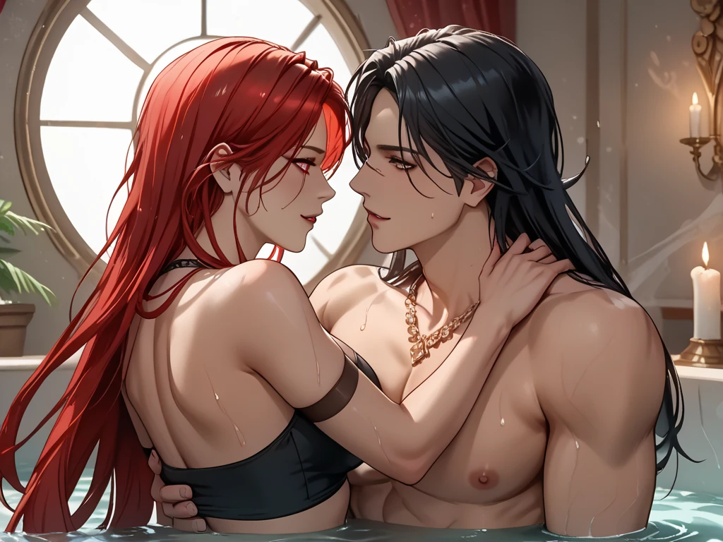 score_9, score_8_up, score_7_up, source_anime, rating_explicit, mature woman, long intense red hair long hair, red lipstick, red bra, moan, hands in her waist,sex, in a lake, night,
