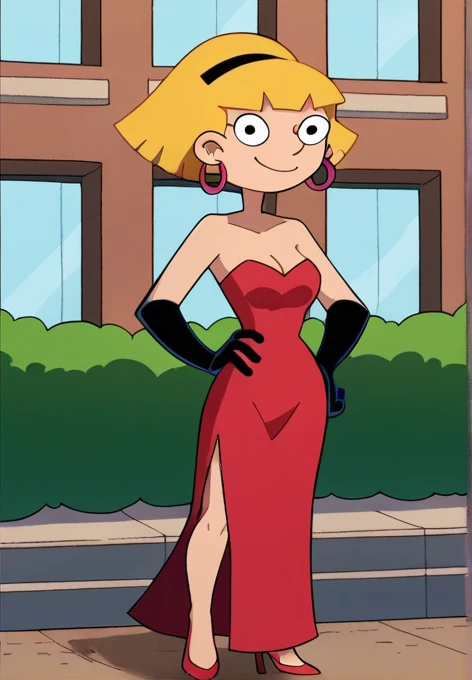 score_9_up,score_8_up,score_7_up,score_6_up,score_5_up,score_4_up BREAK olga pataki,1girl, solo, blonde hair, short hair, black hairband, hoop earrings, strapless, cleavage, a short red dress, red skin tight dress, smile, bangs, human skin, blunt bangs, looking at viewer,outdoors, blue skies, movie style, cowboy shot, red high heels, full body.
