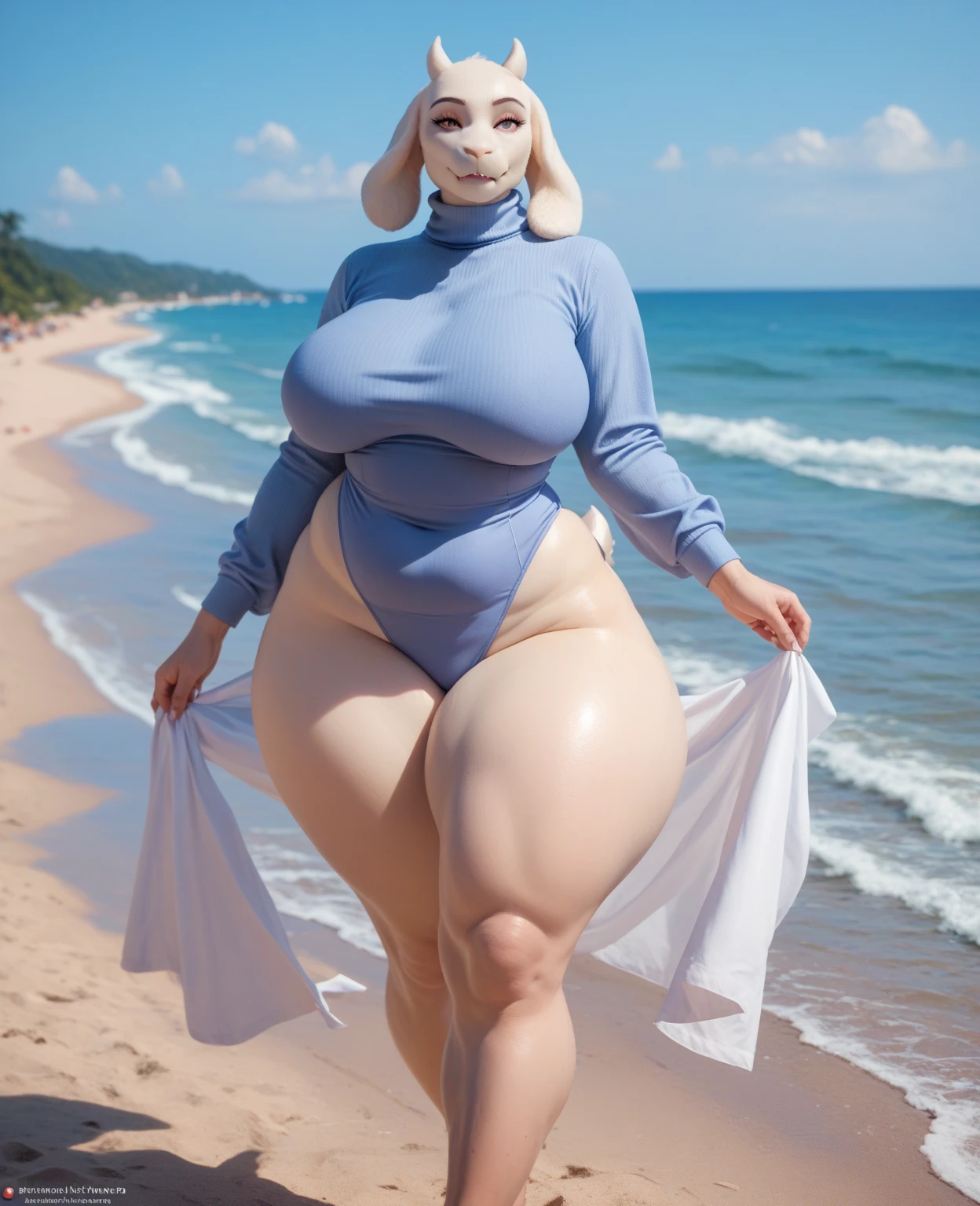 （perfect slim figure:1.2+Beautiful face,Voluptious body:1.3+Brown skin,red pupils,）,4K quality,Full body like，Brown skin，Girl standing position,The barefoot,White color hair, (nabel:1.1)、(fatness:0.8), Skinny one-piece swimsuit