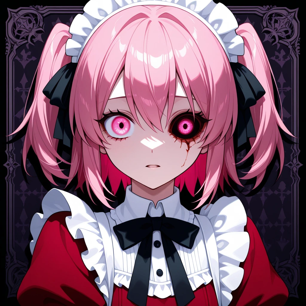 Dark-looking girl, short pink hair, with red aura, lolita dress, with blood on her face