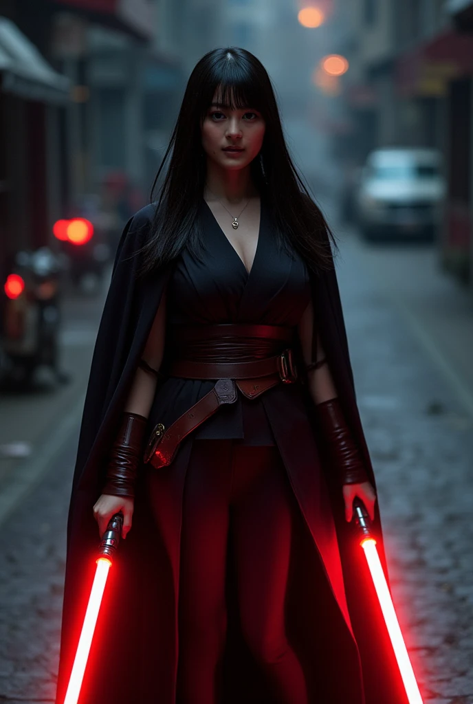 Beautiful, Mexican, female, young woman, long black hair tied into a tight ponytail, bright red eyes, wearing black Jedi robes, arms wrapped in red bandages, wearing black fingerless leather gloves, legs completely wrapped in red bandages, wearing black leather boots, red smoke emanating from her head and shoulders, holding a lightsaber in one hand, standing in a hallway of a futuristic spaceship, very dark lit, viewed from the front