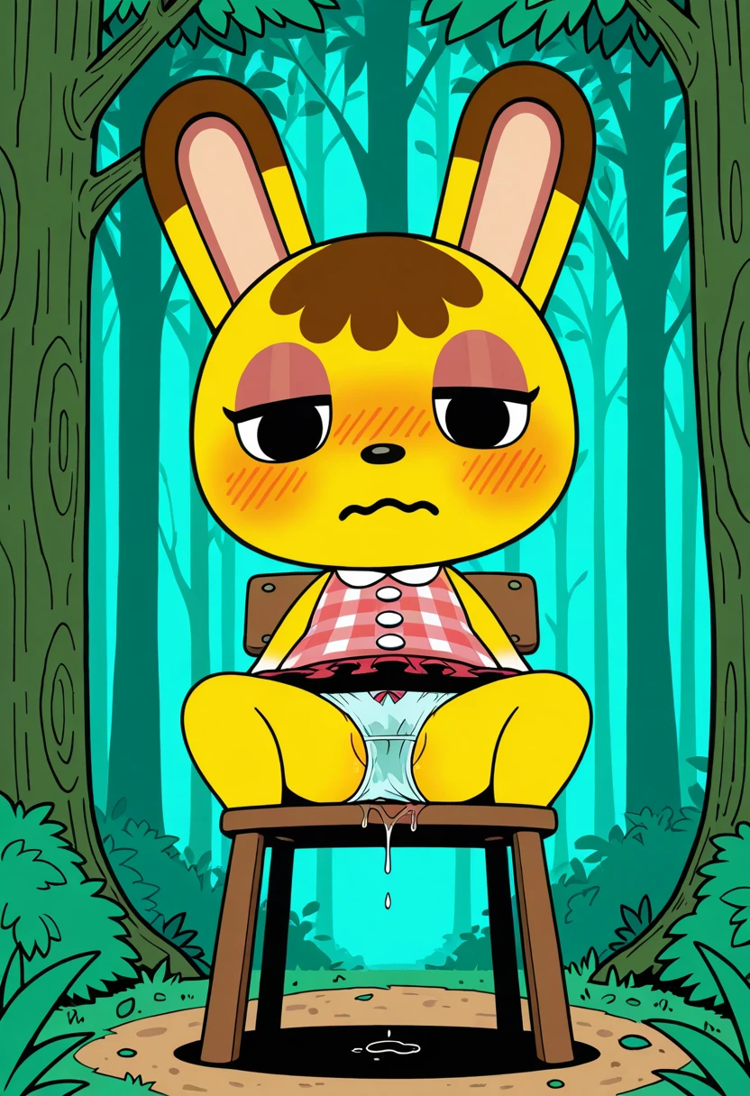 masterpiece, best quality, expressive eyes, perfect face, a man get transformed into isabelle (animal crossing), furry , solo, surpriced, blushed, red baseball cap, naked, nsfw, ecchi, brown eyes, full body, in a magic forest, glitter, embarrassed pose, chubby, magic circle on the floor. D breast, pussy, 