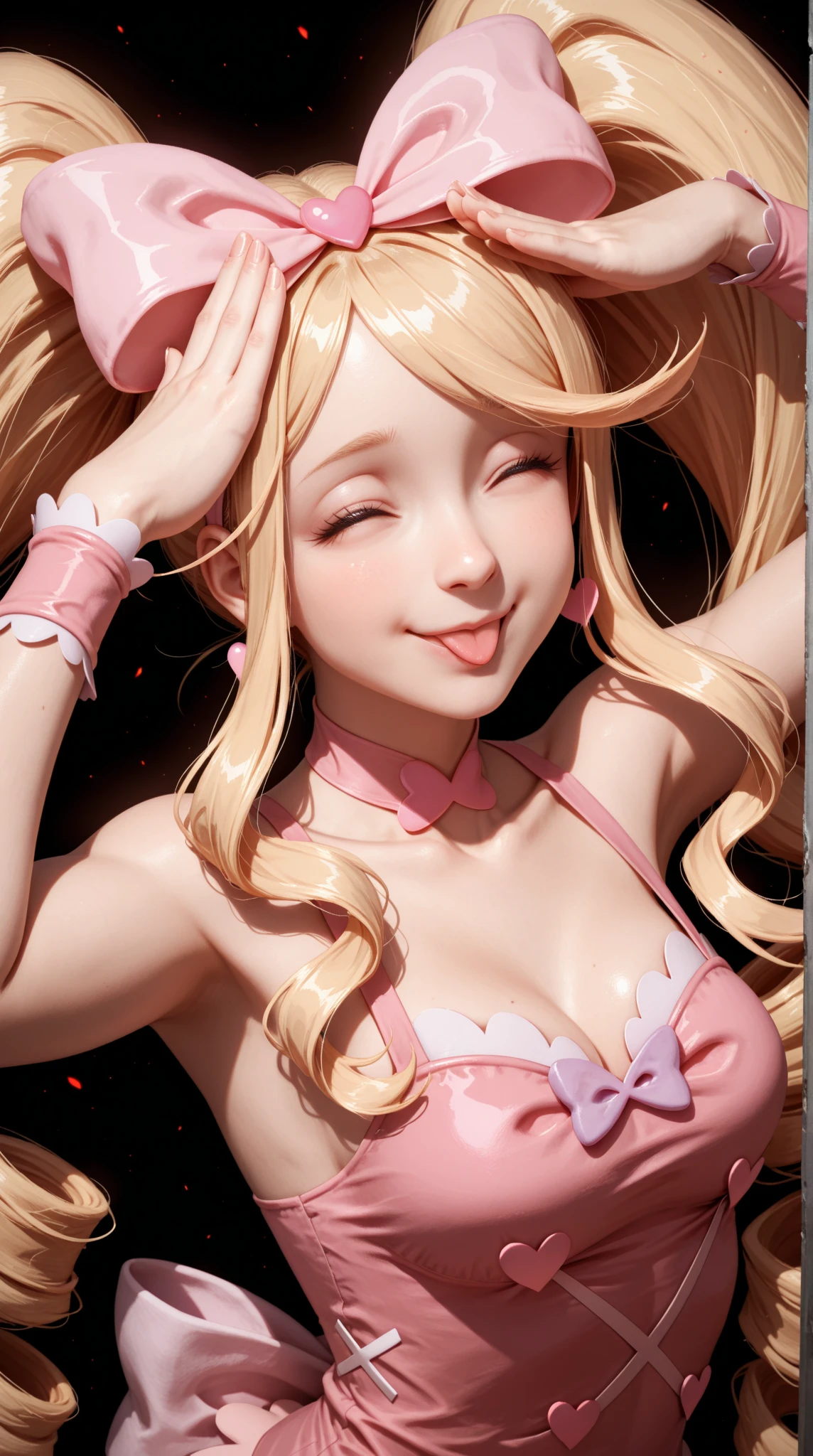 Master Parts, Best Quality, Render Jobs、。.3D Styles、。.3DMM,。.3D, 1girl in, Soio, yellow hair, hitornfreckles, jewely, sideways Facing, Realistic, full length, Clear and simple background, yellow fringe, looking at away, The long-haired, Separated lips, green colored eyes, gargantilha, makeup, Smiling wearing pink clothes, Beautiful teeth, Yellow shoes、wearing lace panties、beginning々Shishi Body、(life-likeオマンコ)、(((Very realistic panties)))、(((I can see panties)))
