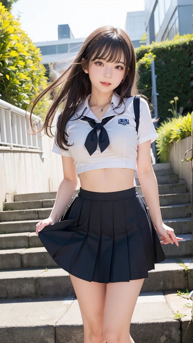 girl，single，Long hair，Looking at the audience，skirt，shirt，Black Hair，belly button，Uniforms，White shirt，Short sleeve，Pleated Skirt，tie，belly button，Black skirt，Arms up，Head tilt，Reality，Against the wall，tie，bow，Against the wall，Lying down，Lift up skirt，look up，Place your arms behind your head