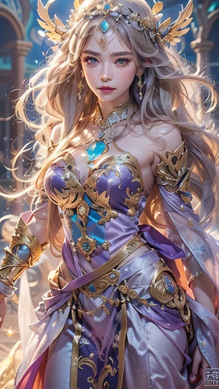 European and American style beautiful girl, blonde long hair curly hair, phoenix eyes, clear light eyebrows, eye shadow, lip moisturizer, beautiful figure, beautiful curves, big breasts, thin legs, open waist, sexy and charming, loose pink dress, colorful and colorful, bright lights, (abstract detailed mandala details, fractal art feathers, tangles, tangles), complex clothes, Chinese costumes cheongsam, flowers of multiple colors, chaotic forms, bright colors, romanticism,