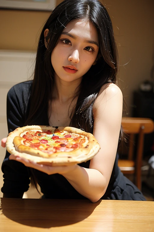 Full body nude photo, beautiful chinese girls, 25 years old ,super model,cute face,full make up ,long straight hair , big brown eyes, high nose , medium breast , slender body ,170 cm tall, absolutely nake,nude ,eating pizza ,turn body toward the viewer
