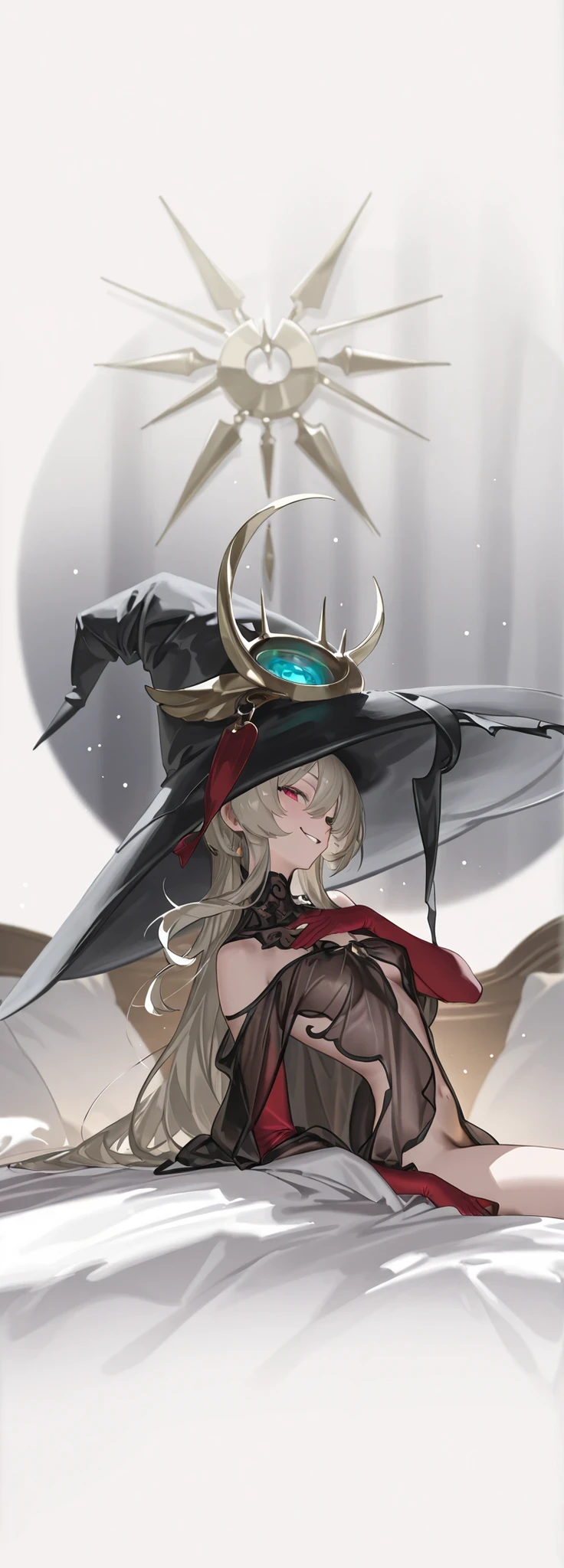 naked、lying on the bed、smirking expression