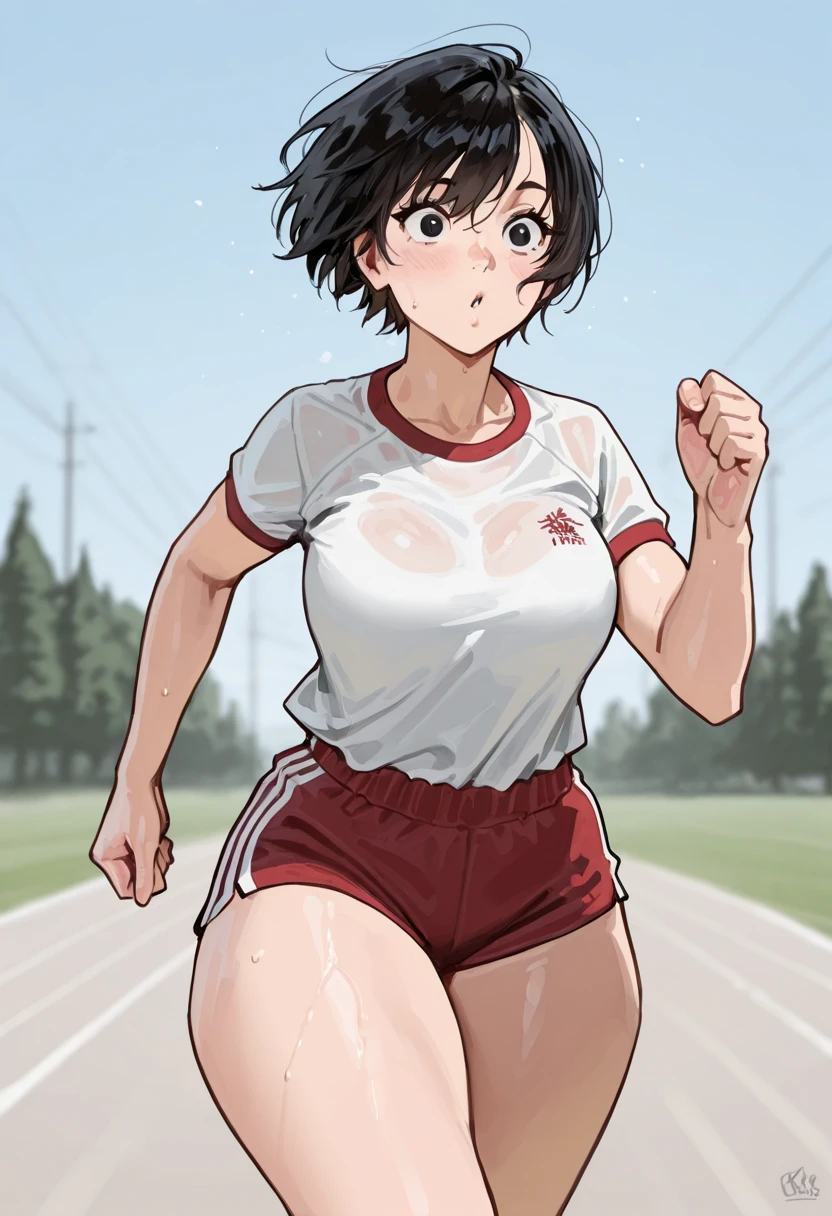 1 hot girl, very dark skin, black eyes, dedicated, gorgeous, african, short bob, school girl, young teen, runner, running, at morning, at street, short tank top, underboob, huge breasts, running shorts, closeup, upper body