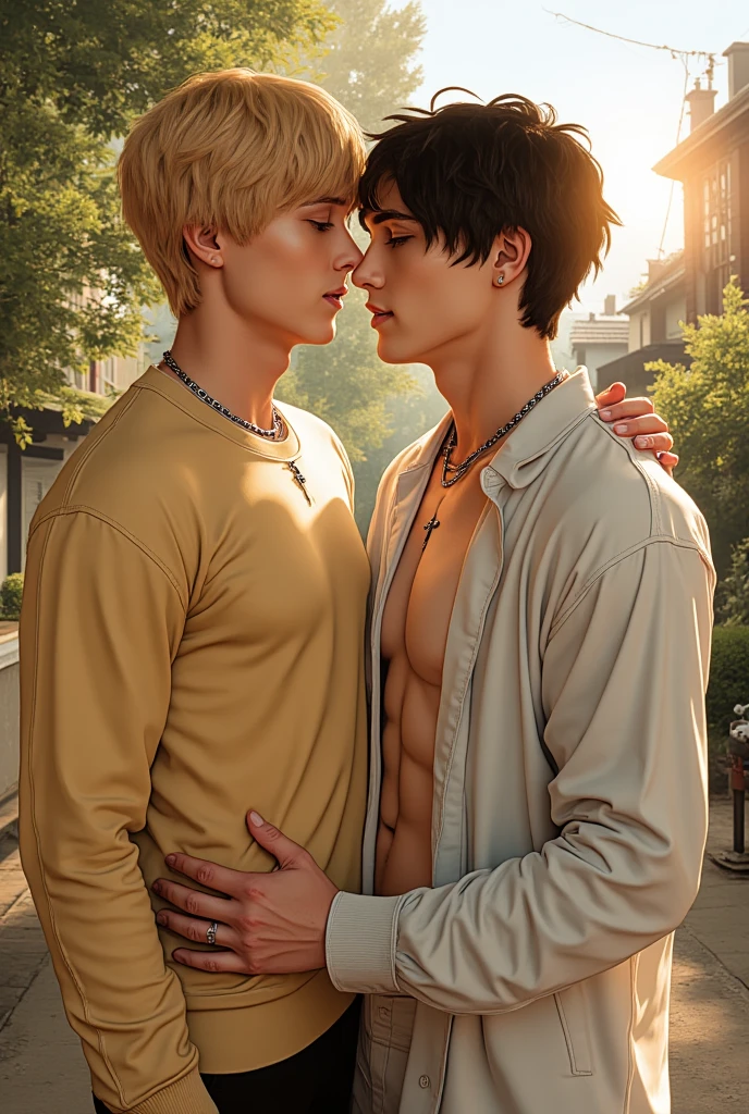 Scene of two beautiful men hugging each other、The first was 25 years old.、he is tall, toned and muscular body.、Blue eyes and blond hair are attractive、He is charismatic、The other is a young man about 23 years old.。.、with a slim body of average height,,、characteristic brown and orange eyes,,,、in college、Passion and curiosity for art、cheerful and positive personality、There is a strong trust and deep bond between the two.、Supporting everyone、admit。The scene that says、Draw with beautiful backgrounds。