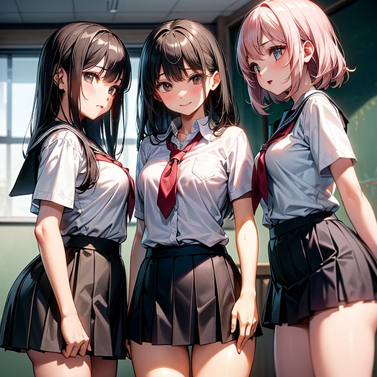 ultra-detailed,best quality,masterpiece,ultra-detailed,high resolution,extremely detailed CG,perfect anatomy,detailed,cinematic lighting,beautiful detailed eyes,ultra high res,(3girls:1.3)gleaming skin,oil skin,red,blue,pink,gold,sweat,humid,trembling,strong light coming in,spot lighting,bright,clothed,(fancy underwear:1.6),(seductive smile:1.8),pov,(naughty :1.3),(slut:1.25),(vulgarity:1.25),(skirt lift:1.3),love juice string,(school uniform:1.1),(Inside the elevator:1.5),from below