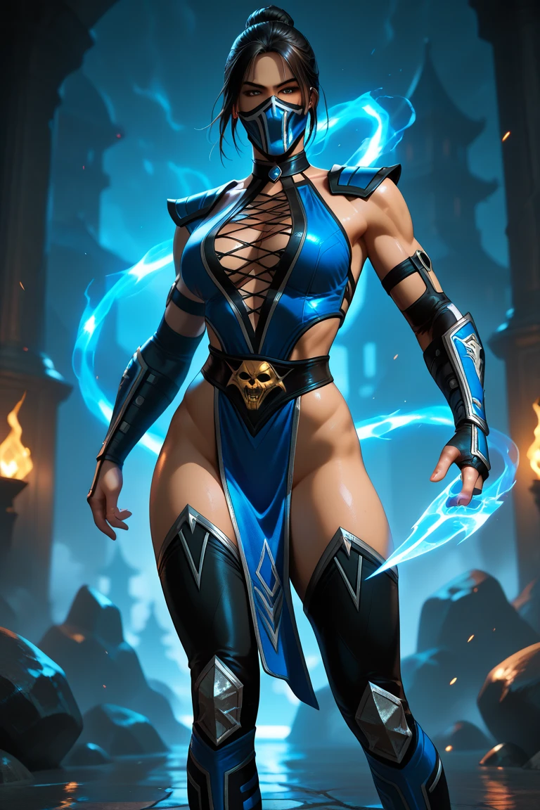 Mortal kombat 11, kitana, superlative, masterpiece, seduction, full body, heavy makeup, big eyes, glossy, very pretty face, slender waist, sex pack, standing