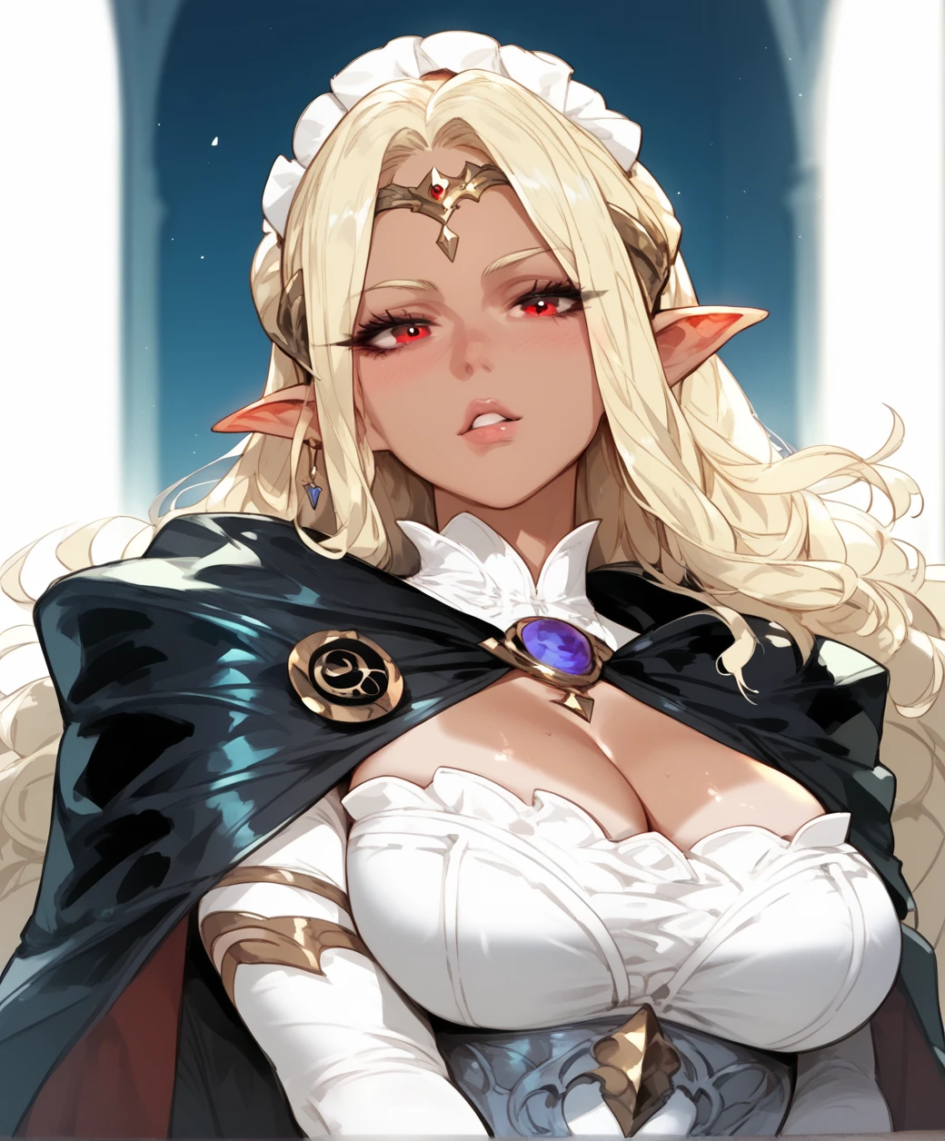 NSFW, A woman in provocative royal robes, modest bust and a narrow waist, increadibly long golden hair and gold eyes, Royaly, Queen, Queen Marika the eternal, black robes that barely cover anything, intimidating woman, tall woman, imposing, dominant
