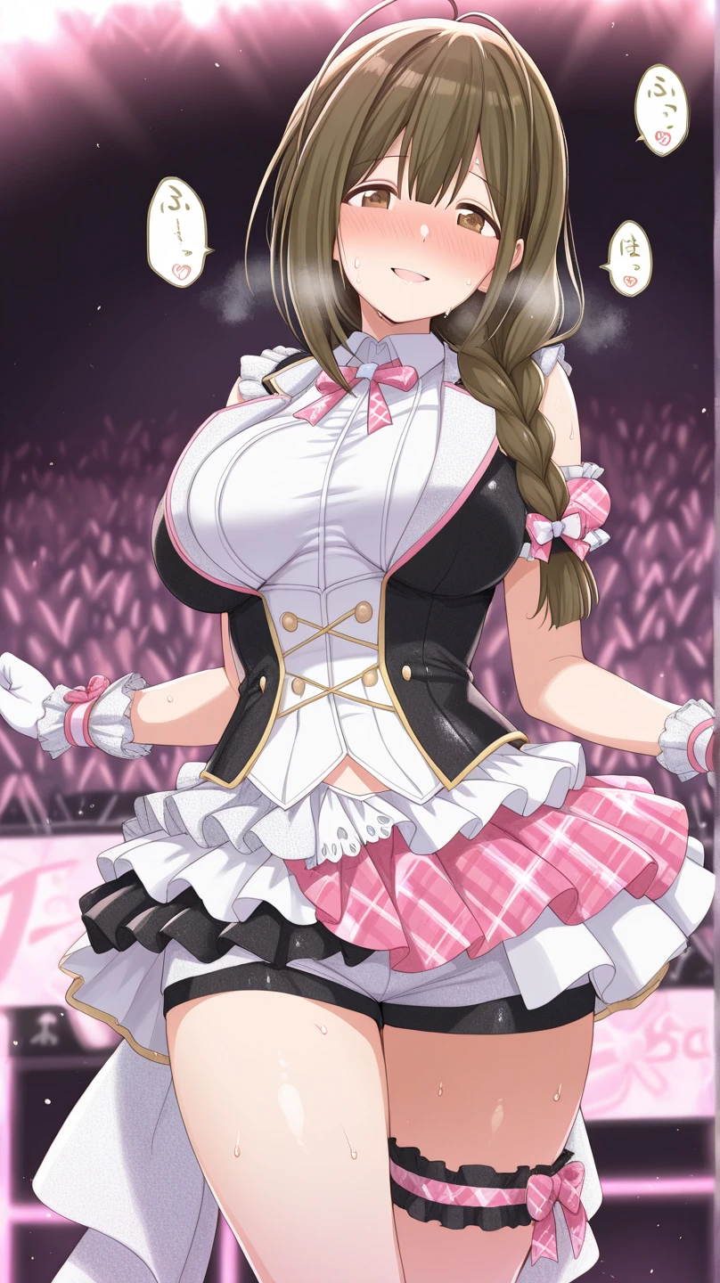 Nagino Sakura, brown eyes, brown hair, hair band, medium length hair, Big Breasts, , live stage, large breasts, 1girl, smile, nipple, solo