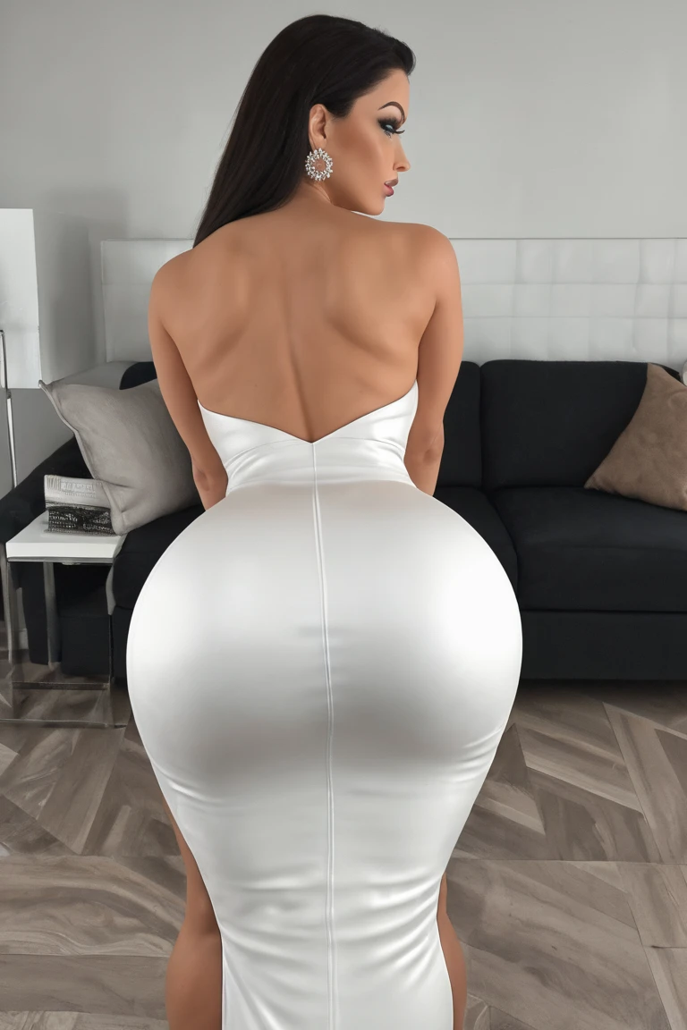 a woman posing for a picture, arabic goddess, arabic, beautiful goddess, middle eastern girl, arabic super model, beautiful, gorgeous woman, middle eastern with long, sweet shy arabic, gorgeous beautiful woman, beautiful middle eastern girl, extremely detailed, jaw-dropping beauty, big deep cleavage, very sweet look, charming girl, simple tight dress, tight maxi dress, on a red Carpet, modern mall, beautiful girl in a tight dress, gray wall behind her, ((white shiny dress)) direct light, red carpet light , dark light, ((k-cup breasts))) in a bedroom ((Kim k body))),((((walking away to look at the camera, showing her butt to the camera, playfully walking away)))) looking at camera, long hair