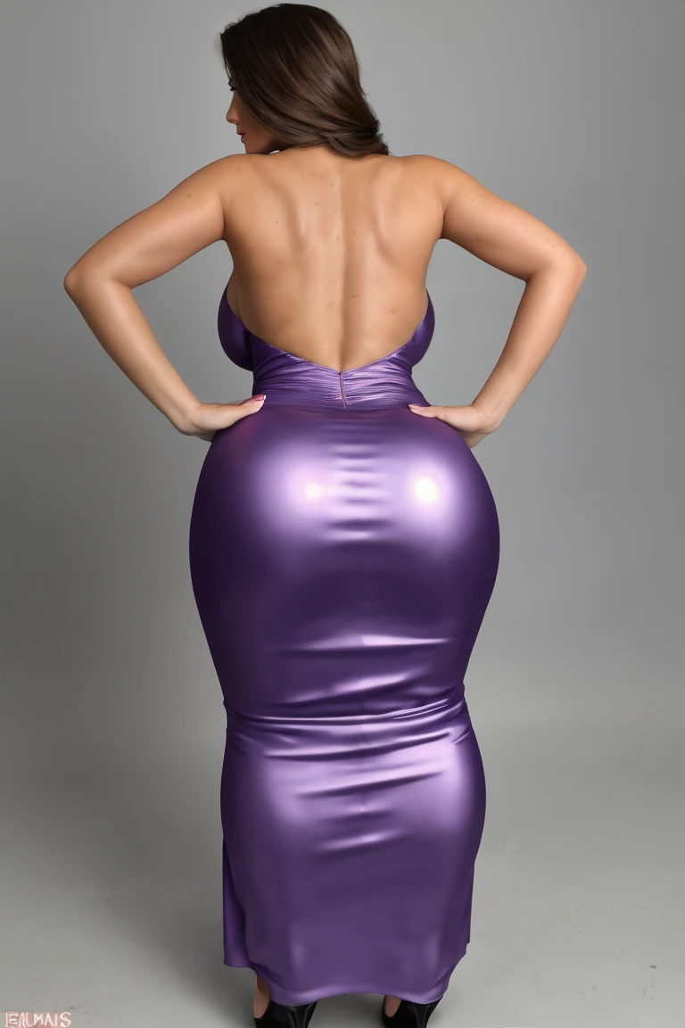 Woman with short purple hair, voluptuous curves, all tattooed, dress with zipper in the front and open to a large neckline, leg opening, in a large and luxurious hall