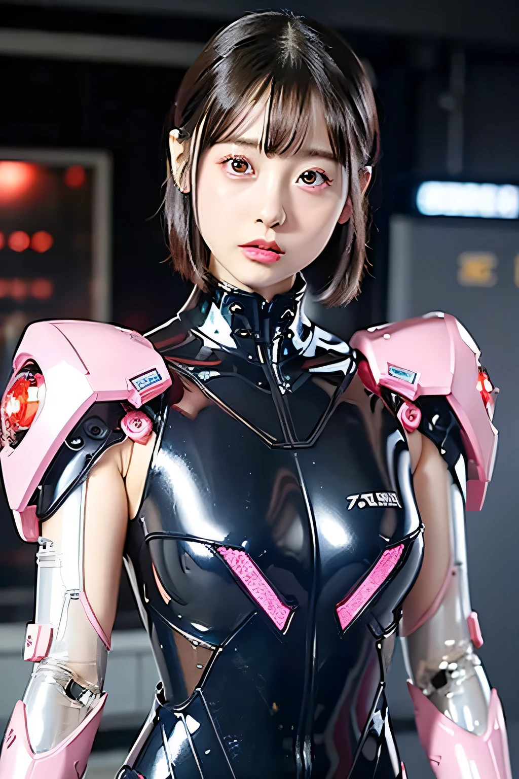 Textured skin, Super detailed, Attention to detail, high quality, 最high quality, High resolution, 1080P, hard disk, beautiful,(Terminator),beautifulサイボーグ女性,Pink Mecha Cyborg Girl,Battle Mode,Girl with a mechanical body,She is wearing a combat cyborg mech with weapons,Full Body Shot　bare hands　Boyish short hair　Berry Short　Brown eyes　Black Hair　Kindergarten girl　Steam from the head