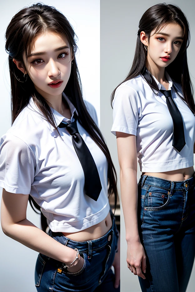 Brown hair, white skin, black cropped, plaid red skirt, black socks