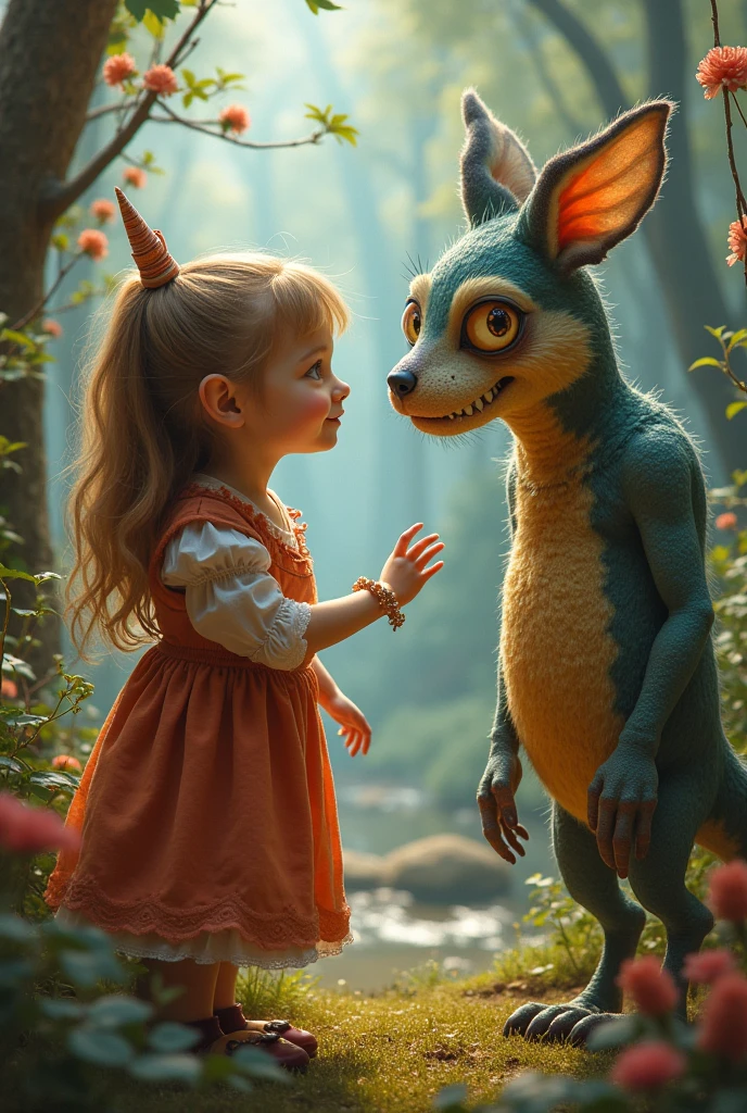 splash art, luminism, fantasy acrylic, digital painting , a close up little demonic monster gremlin creature and a cute baby girl with ginger hair making a group activity , glittering skin, cute face, big eyes, iridescent skin scales, , filigree, filigree details, ,hyperdetailed , big reflective eyes, glittering painting, , amber, big matte detailed amber flowers , fairytale, , golden glowing, rim lighting, artstation, by Peter Mohrbacher , craola, rococo painting, masterpiece, .centered composition, perfect composition, centered, vibrant colors, 3d textural painting, sculptural painting,