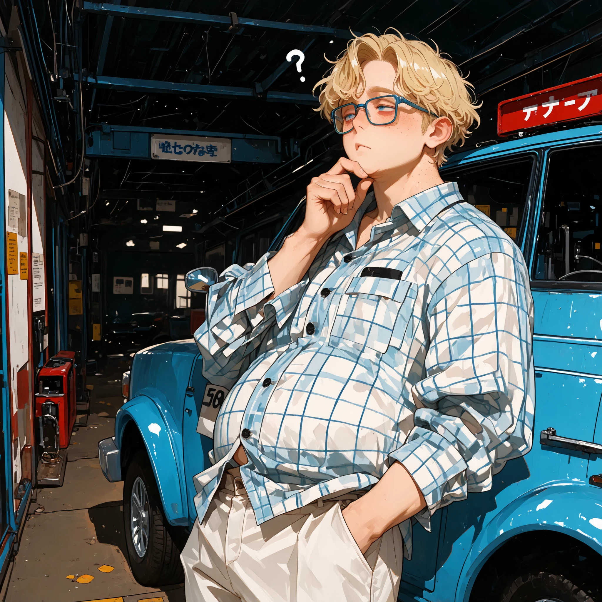 cowboy shot, vanishing point perspective, looking away, standing, male focus, leaning back, hand in pocket, hand on chin, confused thinking expression, awkward stoic posture, 1 man, hipster, tareme, nerdy, blue eyes, freckles, square glasses, tucked plaid shirt, white pants, curly blonde hair, aegyo sal, (((masculine,))) ((fat)), (((detailed eyes,))) masterpiece, best quality, cinematic lighting, highly detailed, details, ultra quality, HDR, 8k, lazypos, amazing composition, auto shop, blue car, mechanic supplies