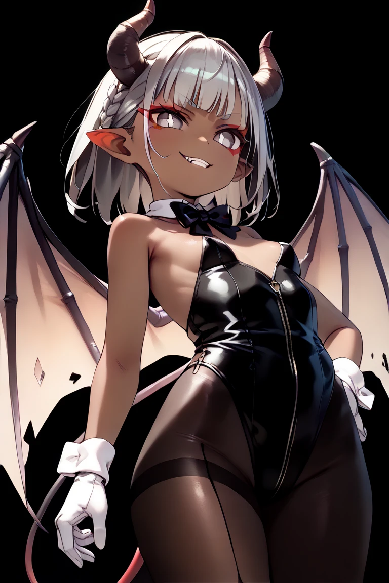 masterpiece,1girl,solo,cat ears,twintails, hair over one eye, demon_wings,small breasts, blue_eyes, blush,open mouth, low wings, torn legwear, (kneeling:1.3),bound arms, ((bondage)),shibari,rope,(arms behind back:1.4),indoors,