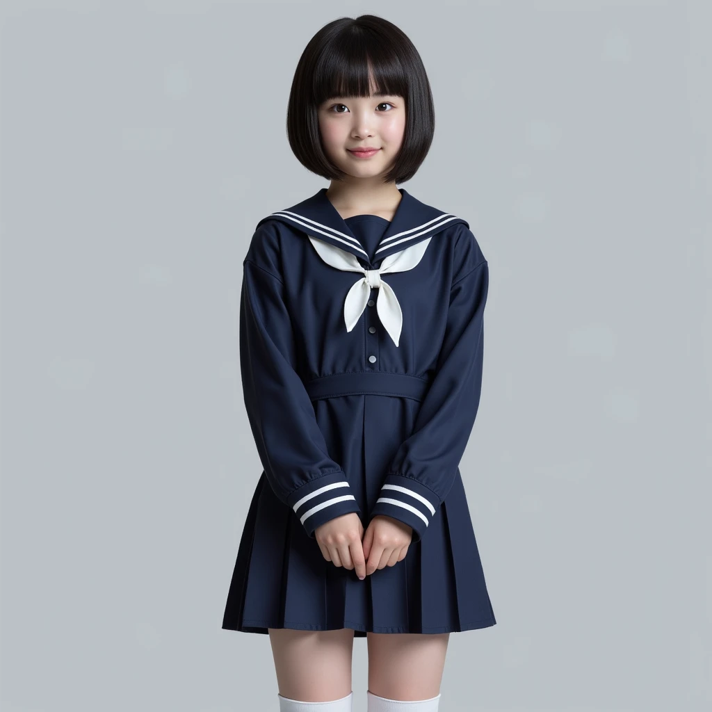 Photo of a 6-year-old Japanese girl in 。The girl has straight black hair、With bangs、eyes are big and black。She wears a blue sailor suit、Features a white collar and red trim。The background is a roadside in nature、The girl is sitting、She has a sweet look towards the camera。