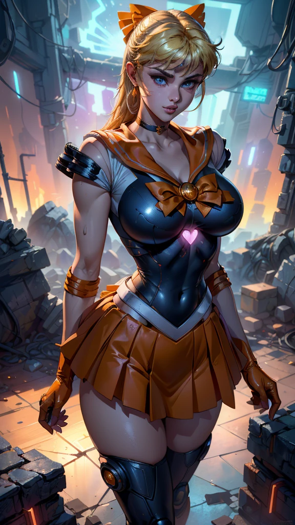 (La mejor calidad,A high resolution,Ultra - detallado,actual),Selena Gomez, (masterpiece, best quality;1.3), very detailed CG, very detailed, 1 girl, alone, laugh, looking at viewer, stylish angle, blonde long hair,blue eyes, sv1, Sailor Sensi Uniform, Orange skirt, elbow bag, tiara, Orange Sailor Color, red bow, Orange Choker, white gloves, bijouterie, from above,,(Fondo de ruinas de mazmorra en ruinas cyberpunk :1.4 ) I have a lot of heart, face focus,venus,hurricane,abstract background, galaxy background,(Sailor Venus:1.4), (Sailor Venus V2.1), ,(Fondo de ruinas de mazmorra en ruinas piedras grandes cyberpunk :1.4 ),(perfect anatomy :1.4), (cinematic lighting :1.4),( dynamic cowboy pose), (fondo lluvia cayendo nublado tenebroso :1.4), (Selena Gomez :1.4), (Selena Gomez V2.1),( dedos detailed :1.4) hugr boobs