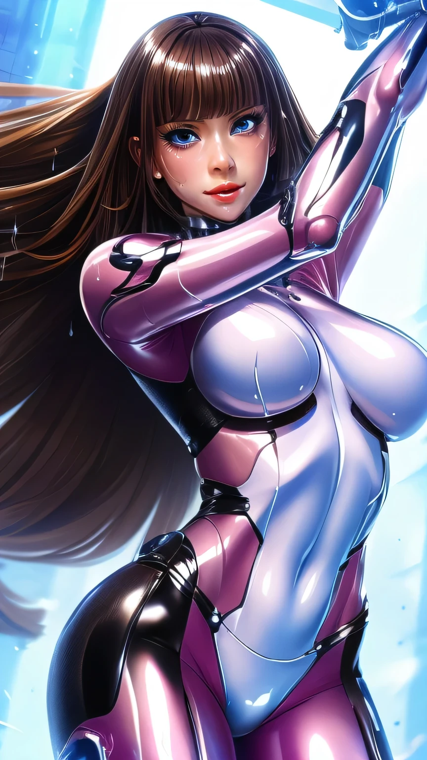 Best quality, 8K, vivid color, woman retro futurism, static pose, looking to observer, brown hair, long eyelashes, ALL WHITE shiny leotard, cleavage, metalic details, light pink pantyhose, neutral sci-fi scenario