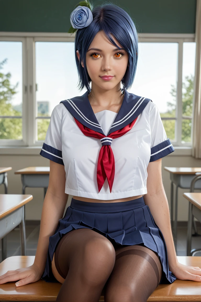 ((One Girl:1.4)),(masterpiece, Highest quality), ayanami,Are standing,((Looking into the camera)),(((Blue Hair)))、(((Berry Short))),(((I can see your chest))),(Nipples are visible), Leiayanami, Rei Ayanami, whole body、I can see your thighs、classroom、Sit on a chair、
blue dress, mini skirt、dress, neck ribbon, pinafore dress, ((red ribbon)),ribbon, , Short sleeve, short-sleeved sweater, sweater,