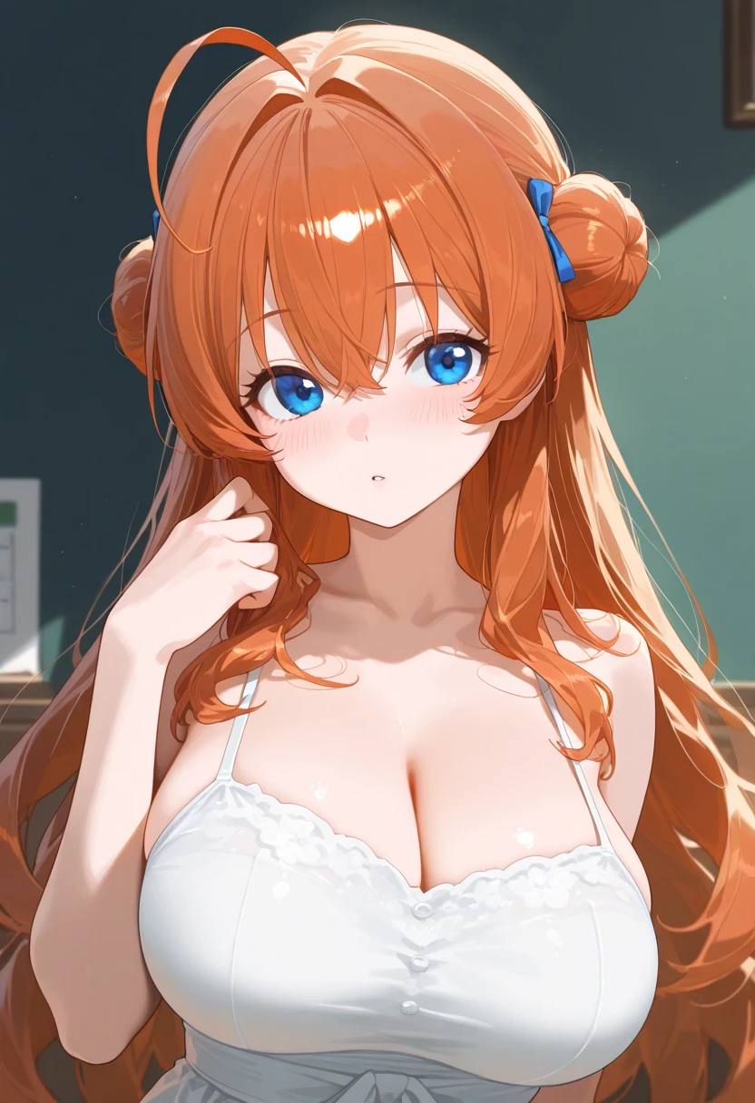 (*****, top-quality, 8K, masterpiece, Top image quality, Hi-Res, super detailing, Ultra HD, (Delicate and smooth skin, real looking skin, Perfect and beautiful face ,Perfect and cute face, high detail skin, Perfect limbs)), 1girl , no bra, braid covering nipple , downblouse, cleavage, sweating, camisole falling off shoulder, animal ear fluff , animal ears , blue eyes , blushing , collarbone , cowboy shot , hair between eyes , long hair , looking at viewer , medium breasts , open mouth , orange hair , single braid , solo , simple white background , white camisole , on all fours, leaning forward