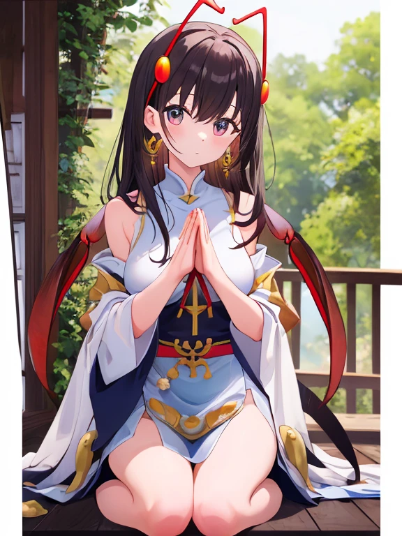 (MASTERPIECE), (Best Quality), (Ultra Detail), Official Art, One Girl, Black Haired Loli, Petite Little Girl, Priestess Loli, White and Red and Gold See-Through Dress, Off Shoulder, Small, Small, Small, Cleavage, Underboob, Thigh Focus, Navel, Card Illustration, Shrine