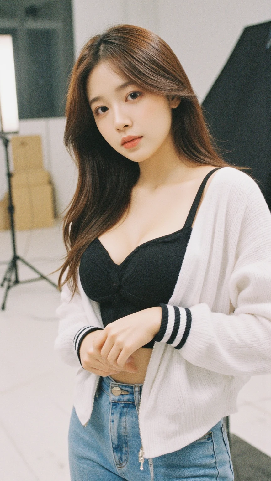 RAW photo, bokeh (realism:1.4, realistic), high detail CG unified 8K wallpaper, 1girl,  (HQ skin:1.3), 8k uhd, dslr, front lighting, high quality, Fujifilm XT3, (21 years old female with long hair, wearing micro bra and short skirt,sock),((slim body, natural big breast)), (looking at viewer), ((ultra detailed room background)), ((full body:1.5)), ((a sexy woman sitting on a bench and crossed legs)).