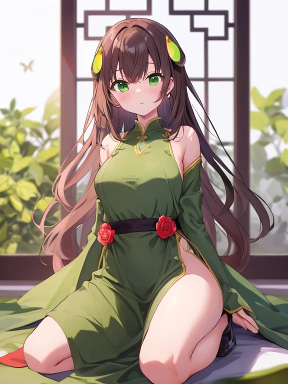 front of the camera, fullbody, shy, long brown hair, green eyes, girl, big breasts