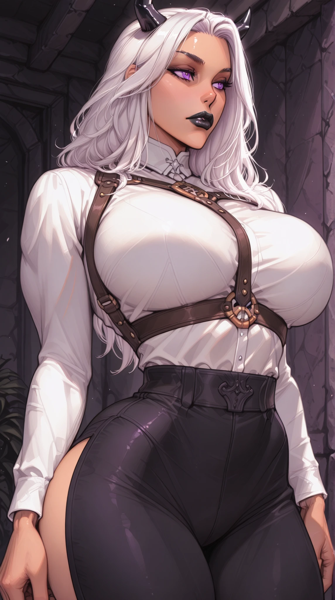 Beautiful girl, smile, western clothes, cowgirl boots, braids, long fluffy hair, messy bangs, bust up, abs, hair ornament ((bandana headband)), open chest clothes, corset, pants, glossy skin, huge breasts, cleavage, poses that show off cleavage, sexy, two-toned hair ((white hair+brown hair)), purple eyes, dark skin