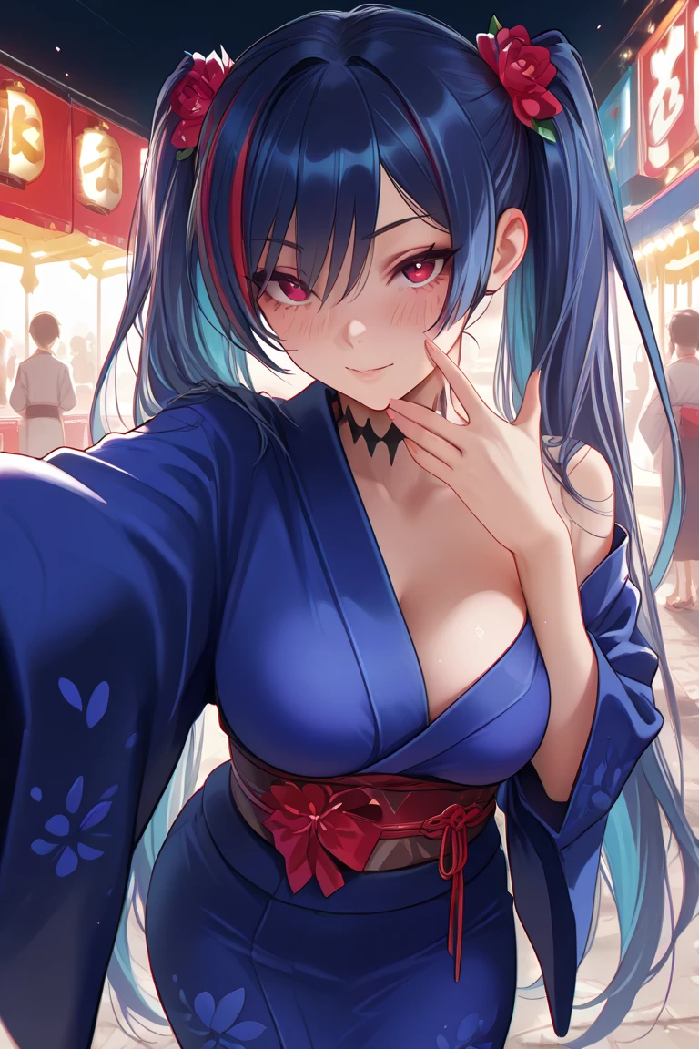 Gal、kimono、Her chest is exposed、Sweating、Exposed skin、Blue straight hair、Emphasize large breasts、Around 25 years old、Anime-style illustration of a person laughing happily、Stick your tongue out、ribbon, 