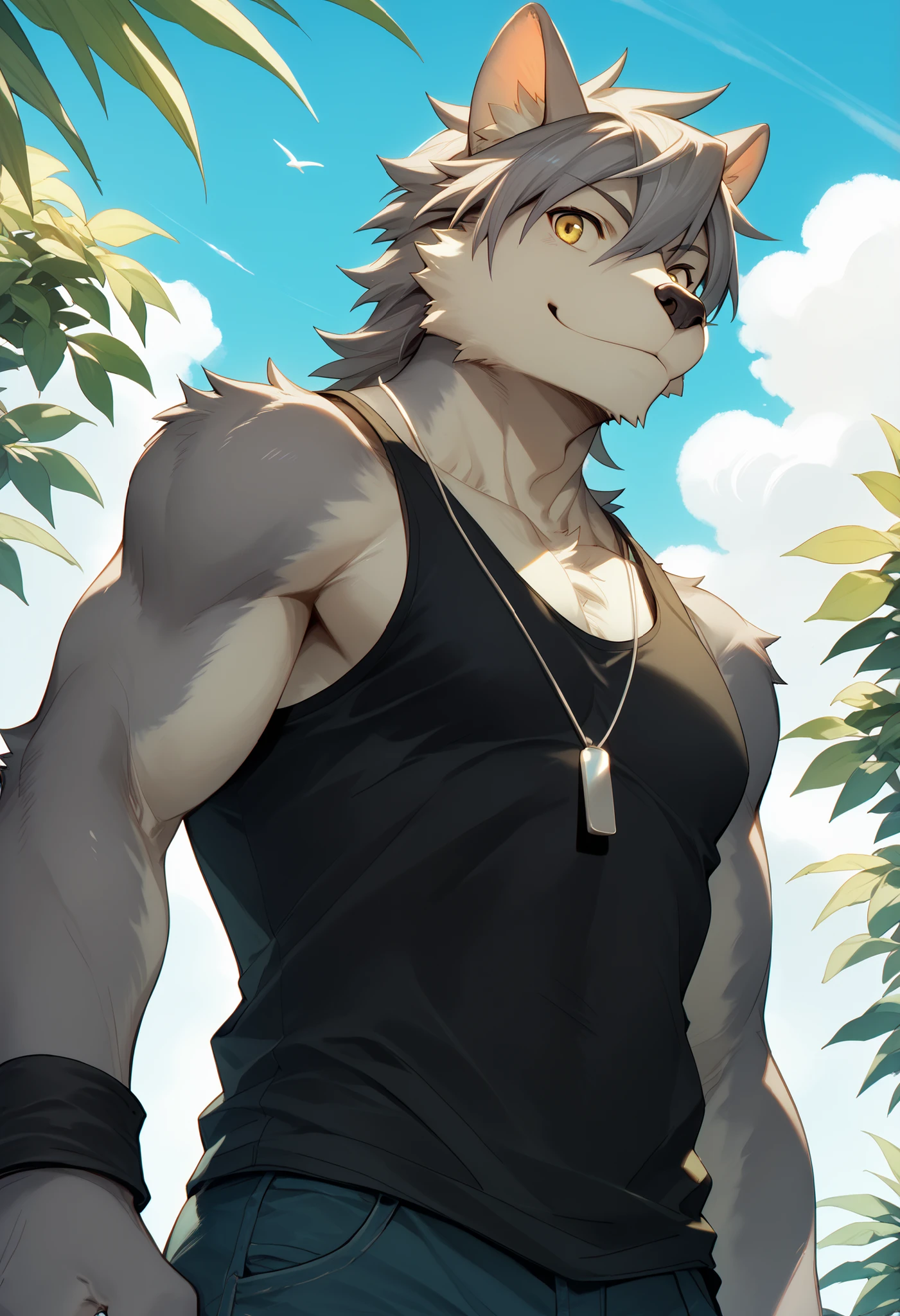 score_9, score_8_up, score_7_up, High Quality, hires, 4K, solo, _Aotsuki , Orenatsu, furry, Yellow Eyes, tank top, black tank top, underpants, Portrait, Standing figure, gray fur, wide angle smile, cool beach sunset profile
