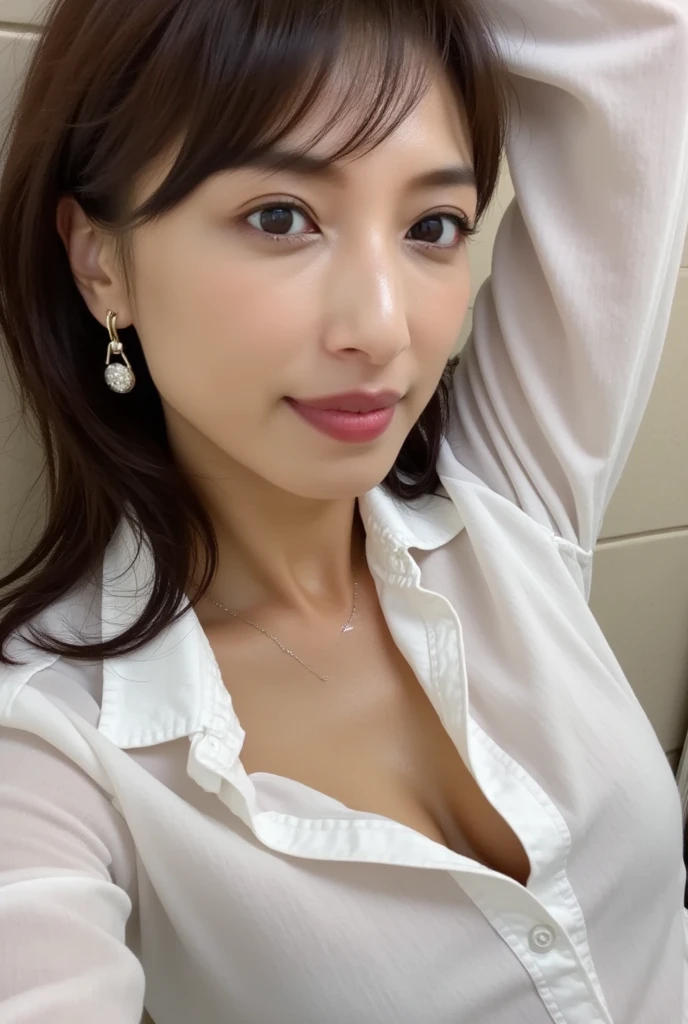 highest quality,masterpiece,Ultra-high resolution,(Realistic:1.4),Beautiful lighting, (Highly detailed CG Unity 8k wallpaper), Beautiful face in every detail,Detailed clothing, 50mm portrait photography, No background、One Girl,Big black eyes, cute, young, Pause, Facial Lighting, Physically Based Rendering,Written boundary depth , Black Hair, Medium Hair, ((Take from above)), Japanese women、20-year-old、White shirt、(Large Breasts)、(Upper Body)、Young and beautiful woman taking a selfie, Taken with iPhone camera、In front of a white wall、Nipples are visible