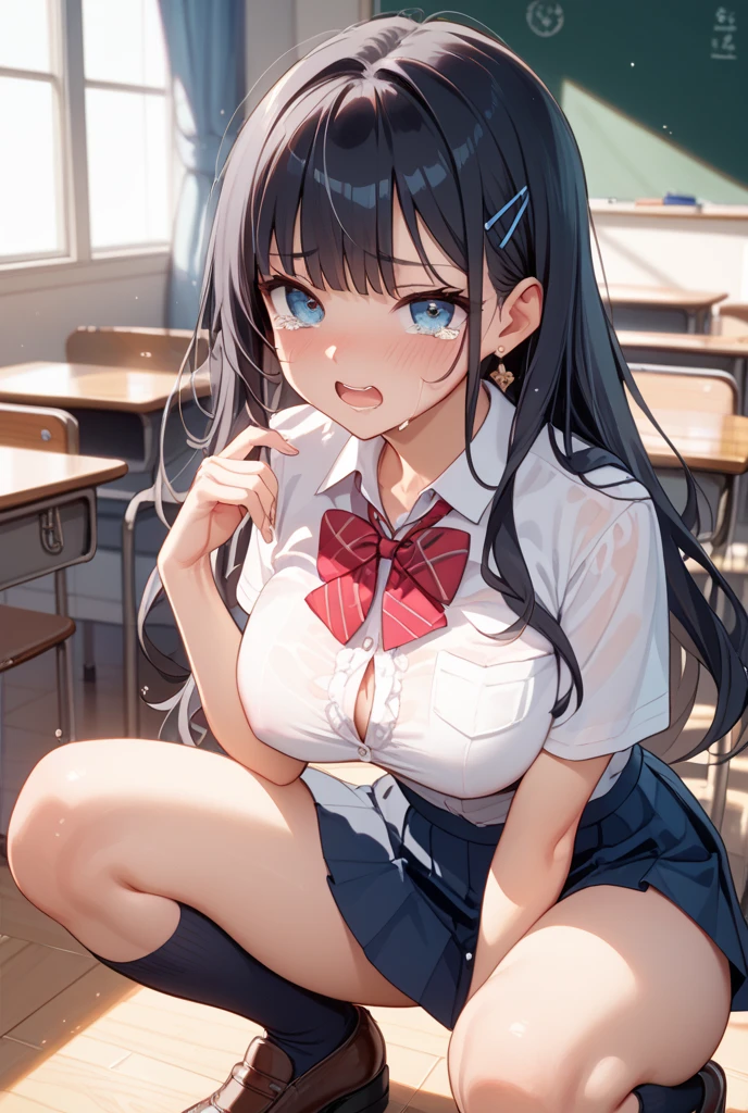 (best quality, masterpiece:1.2), 1girl, (((masterpiece))), (((full body))), (((sit in class))), top-quality, top-quality, High Details, nakano azusa, 1girl, Sakuragaoka High School Uniform, Twin-tailed, length hair, A dark-haired, brown-eyed, solo, reddish, Dark blue blazer with thin blue ribbon, Solid white buttoned shirt under blazer, illustratio, comic strip, soothing tones, Subdued Color, Soft cinematic light, adobe lightroom, photolab, HDR, intricately and hyper-detailed、(((depth of fieldasterpiece)))。(((top-quality))).)((ultra-detailliert)))。(((illustratio)))。(((takeout))).dynamic focus.big breasts.(((School))).(((A classroom))).(((Face of happy smile))). Close eye, open mouth.(((Hands waving))).(((up chest))).((morning glow)).((the setting sun)), solo, anime, anime screencap, ray tracing, ultra resolution image, vivid color, cinematic light, lens flare, light on face, glow eyes, depth of field, happy, detailed background, cute, straight-on, dive dress, navel,