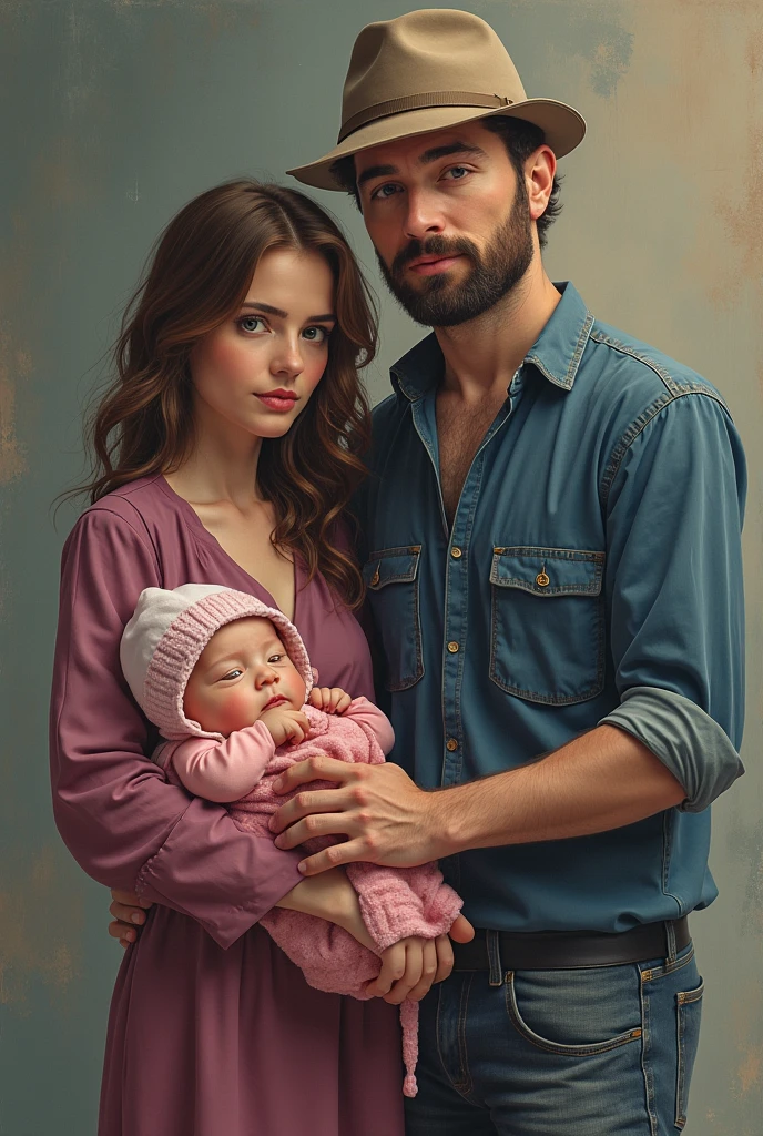 I want a cell phone wallpaper photo that is of a family of 1 woman, 1 man, 1 9 month old baby and a 4 year old boy, with the following descriptions: a tall chubby woman with hair color chocolate copper green eyes, tall slim man black hair with beard brown eyes, 9 month old girl brown hair brown eyes and 4 year old boy brown hair brown eyes