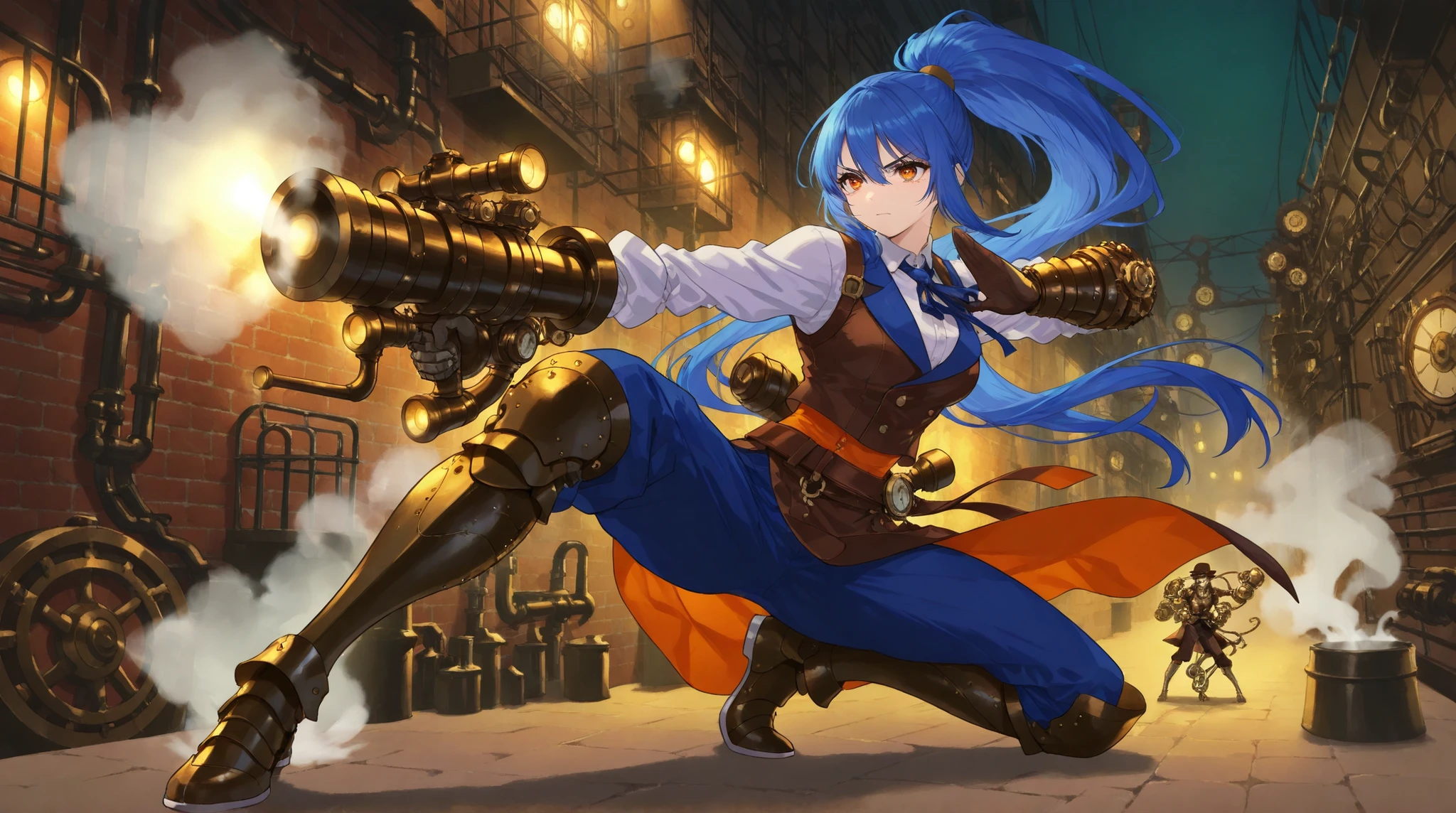 steampunk, A steampunk female martial artist, wearing steam-powered mechanical gauntlets and greaves made of gears, pipes, and exhaust vents. Her long blue hair is tied back in a high ponytail. She stands in a Chinese kung fu stance, one arm extended forward with open palm, the other guarding near her body, legs bent and grounded. Steam hisses from her gear as she fiercely intimidates her opponent, eyes locked with a sharp, determined glare. The background is a smoky, industrial steampunk city alley, with dim lighting and rising steam clouds.
