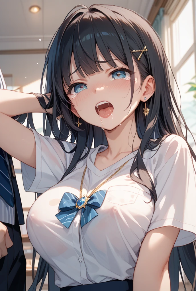 girl、Black Hair、Braided Bob、anime、((Little))、((Deformation))、V-neck T-shirt、skirt、Laugh out loud、I can&#39;t see the teeth、Point to the front of the wall with a pointer、