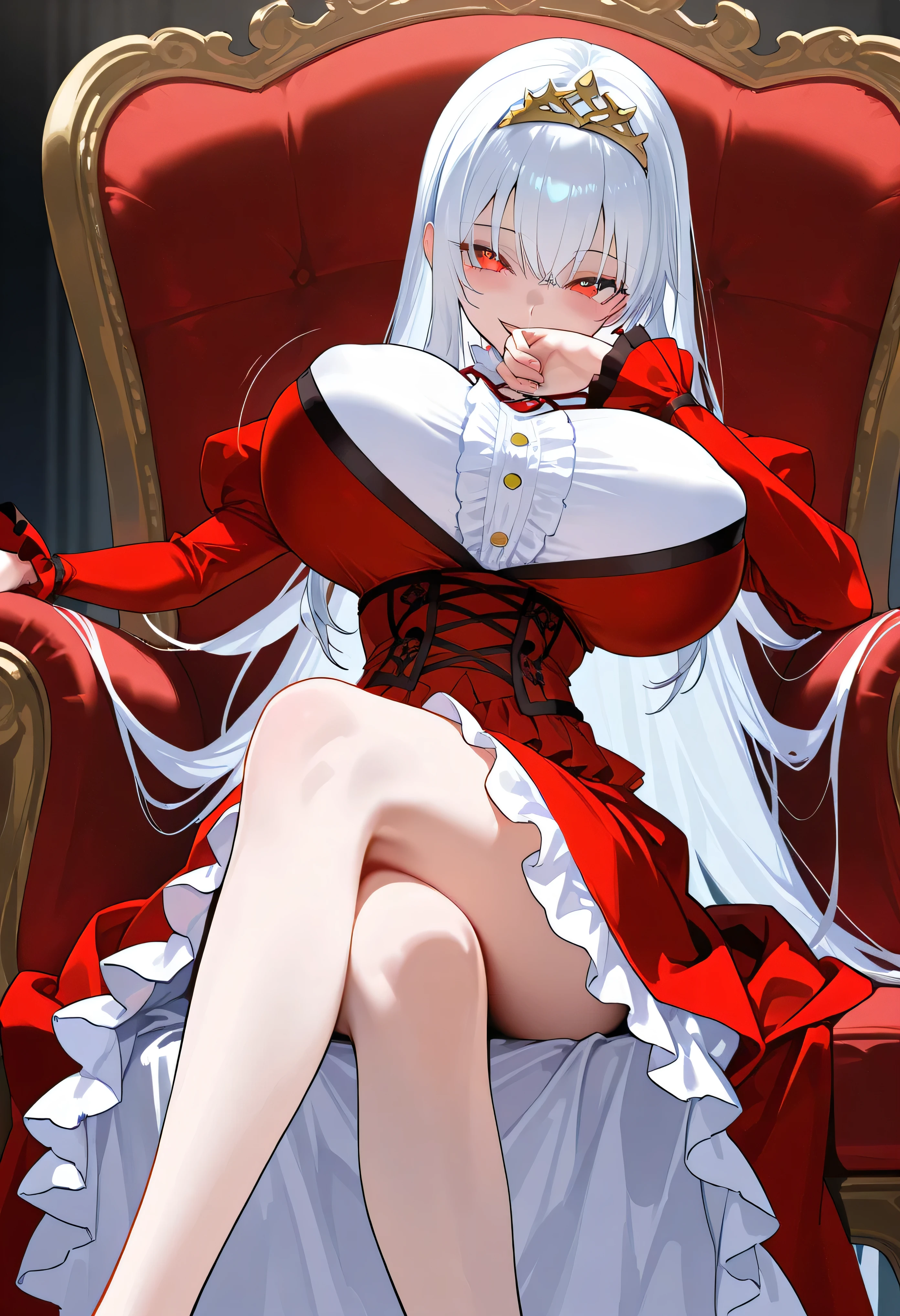 ((1girl)),(very wide shot:1.8),Very detailed,High resolution,4K,8k,masterpiece,High resolution,((Anatomically correct number of limbs),(Anatomically correct number of fingers)), ((looking at viewer),Sit in a chair, (silver hair, twintails), (gothic lolita,),(heterochromia), hairband, red ribbon,black choker, bare shoulders, red dress, red bow, detached sleeves),(shiny),((big breasts),beautiful breasts,curvy),(Gothic-style mansion),